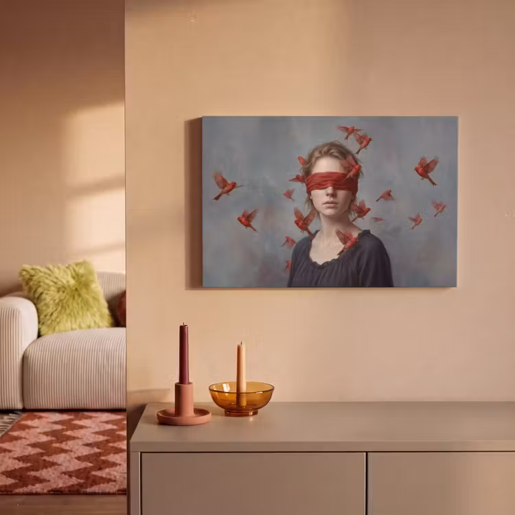 Canvas schilderij - Vrouw met Rode Vogels — 2