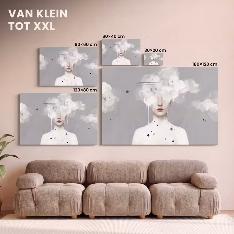 Canvas schilderij - Vrouw met Wolken Als Hoofd Grijs — 8