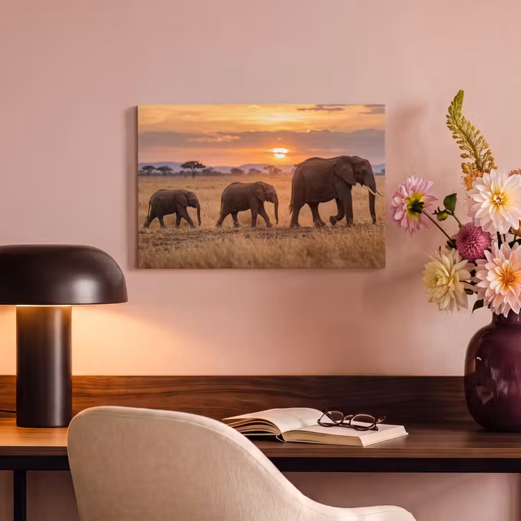 Canvas schilderij - Olifanten - Savanne - Zonsondergang - Afrika - Warm — 6