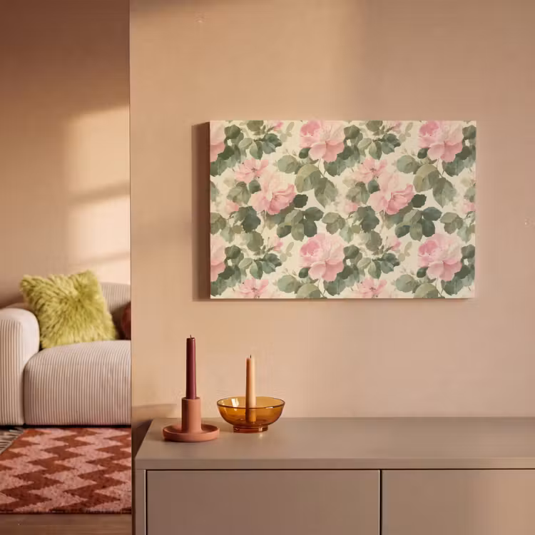 Canvas schilderij - Roze Bloemen met Bladeren Aquarel — 2
