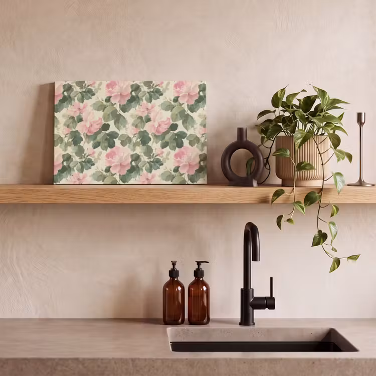 Canvas schilderij - Roze Bloemen met Bladeren Aquarel — 4