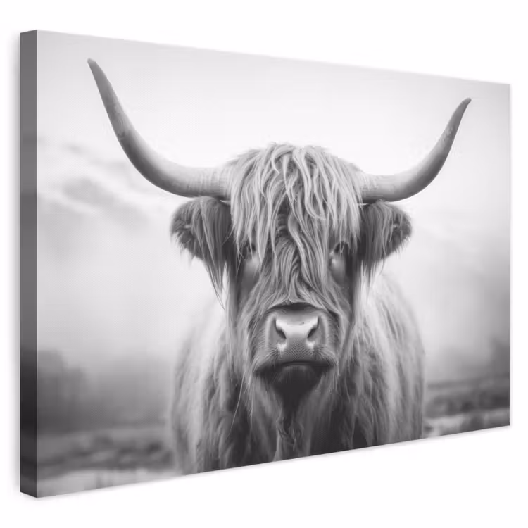 Canvas schilderij - Schotse hooglander - Mist - Zwart - Wit — 1