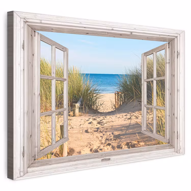 Canvas schilderij - Doorkijk - Strand - Zee - Duinen - Zand - Water - Helmgras — 1