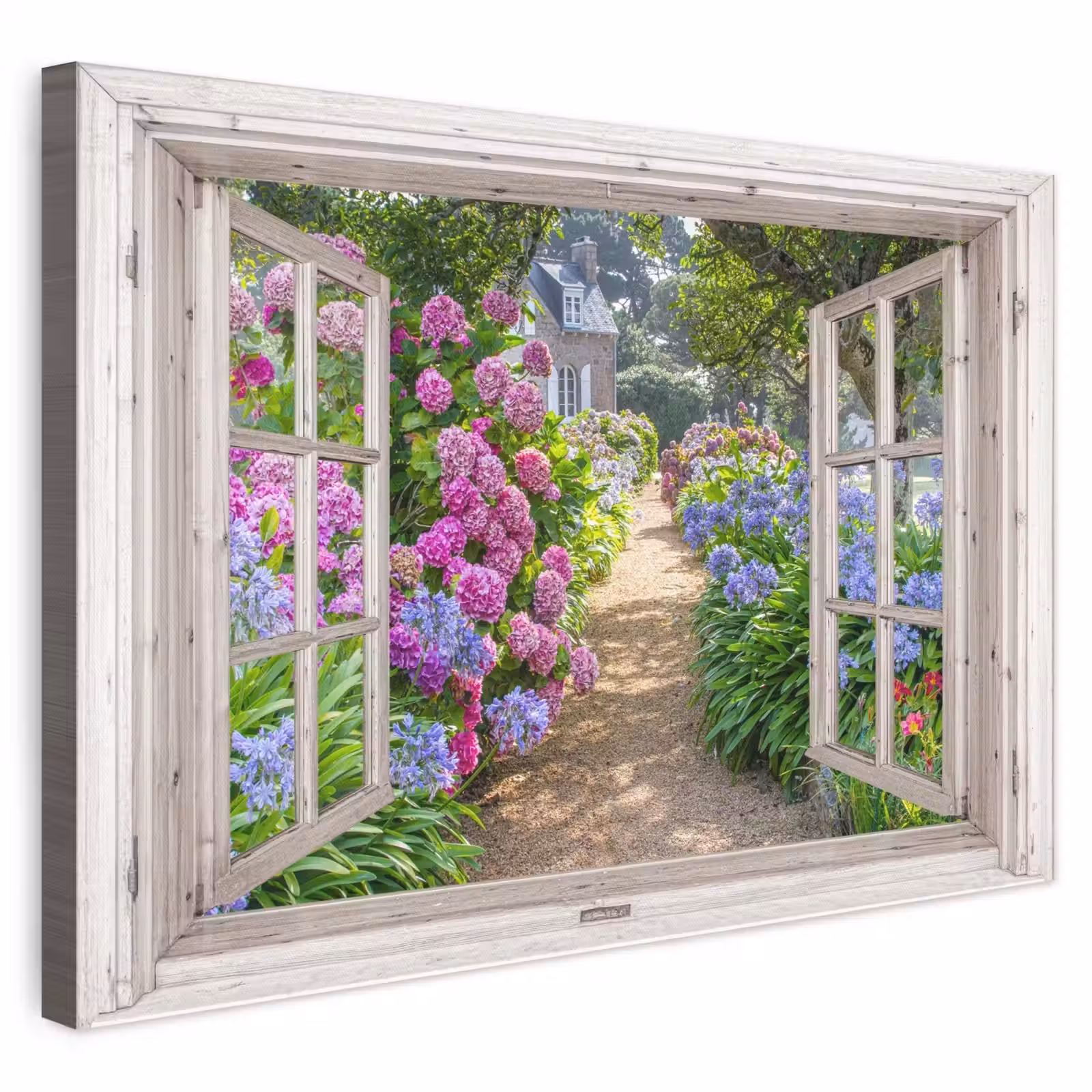 Canvas schilderij - Hortensia - Doorkijk - Bloemen - Zomer - Paars - Pad — 1