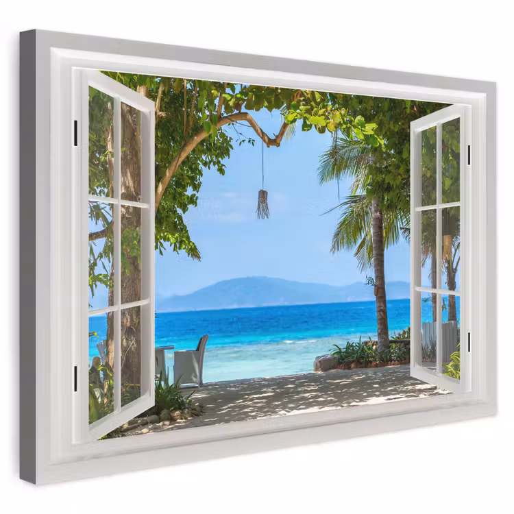 Canvas schilderij - Doorkijk - Boom - Zee - Palmboom - Heuvels - Strand - Blauw — 1