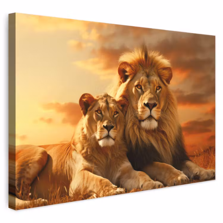 Canvas schilderij - Leeuwen - Zonsondergang - Afrika - Savanne - Dieren — 1