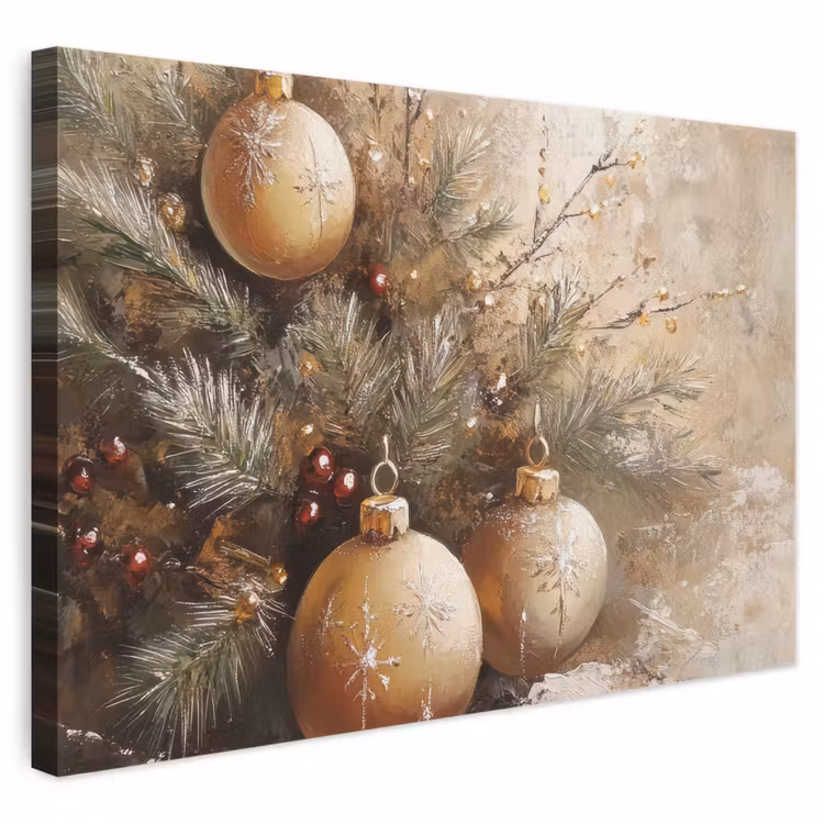 Canvas schilderij - Kerst - Kerstballen - Beige - Goud — 1