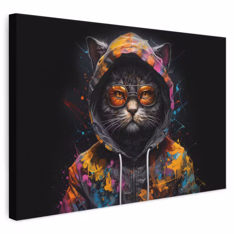 Canvas schilderij - Kat - Jas - Graffiti - Bril - Zwart — 1