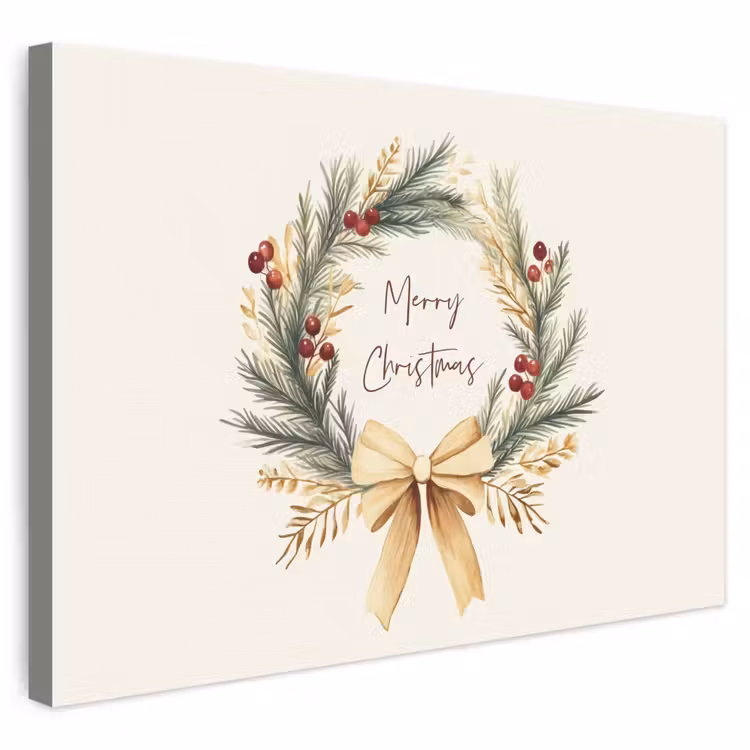 Canvas schilderij - Kerstkrans - Kerst - Goud - Beige — 1