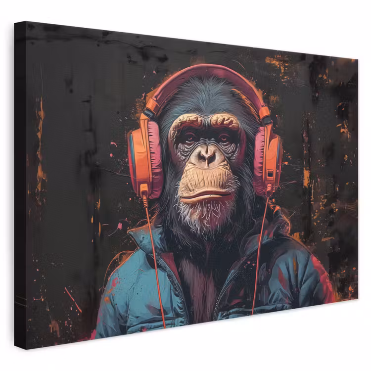 Canvas schilderij - Graffiti - Chimpansee - Koptelefoon - Aap — 1