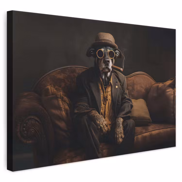 Canvas schilderij - Hond - Sigaar - Hoed - Pak — 1