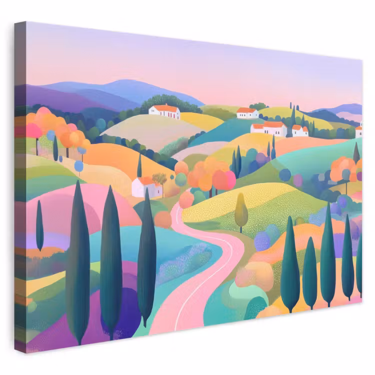 Canvas schilderij - Landschap - Paars - Pastel - Huizen — 1