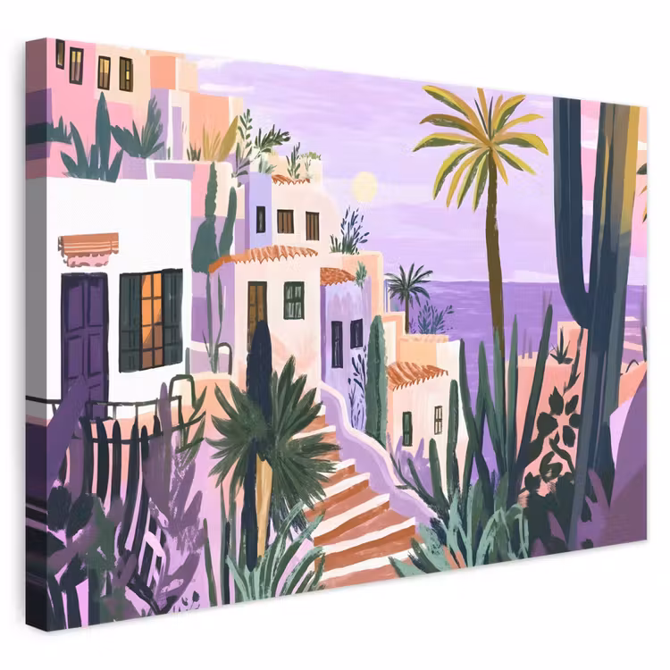Canvas schilderij - Mediterraan Dorpje Palmbomen Paars