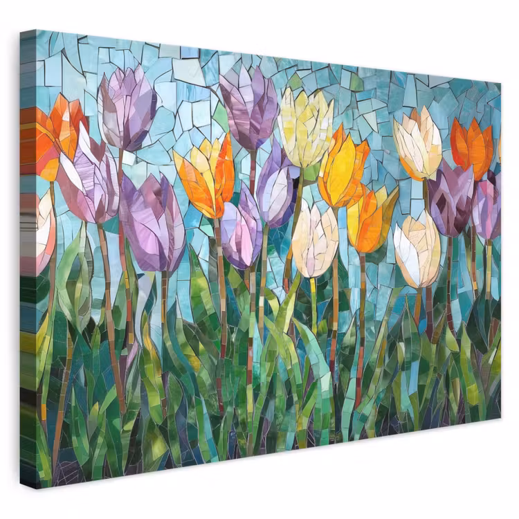 Canvas schilderij - Mozaïek - Veld - Tulpen - Kleurrijk — 1