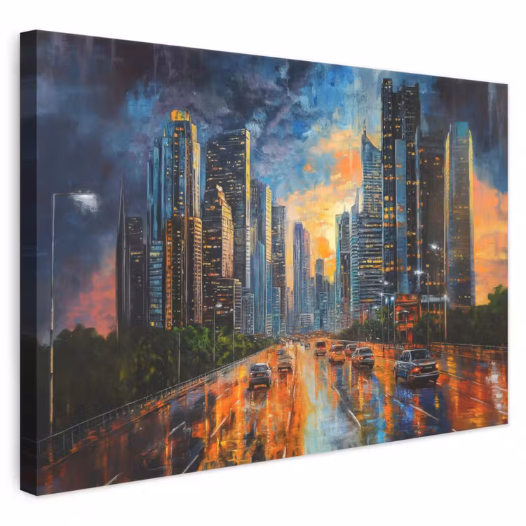 Canvas schilderij - Auto - Skyline - Zon - Blauw — 1
