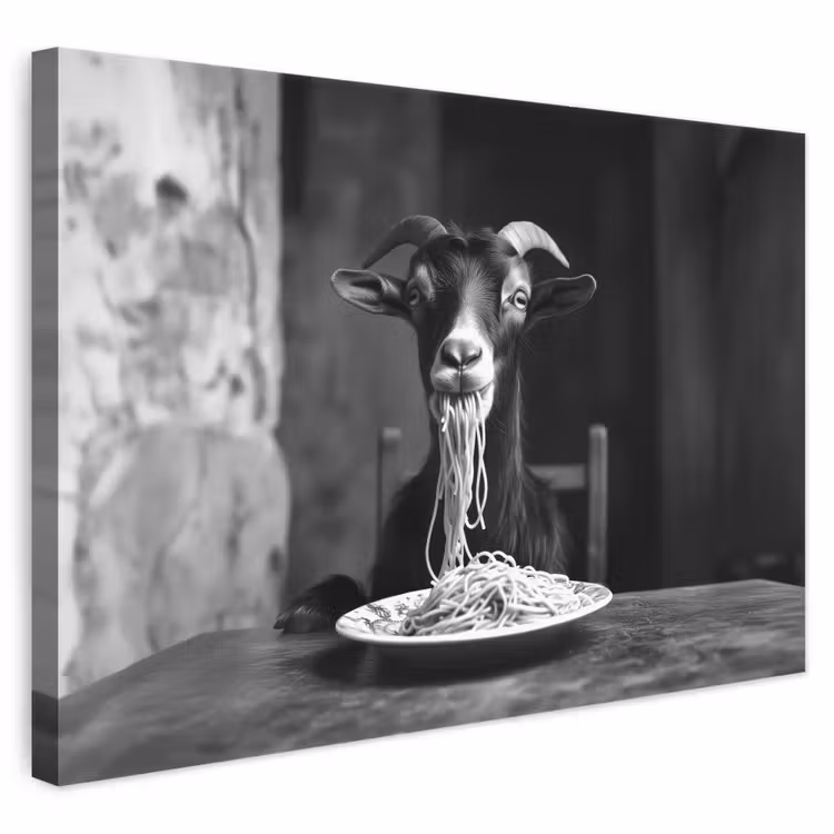 Canvas schilderij - Geit - Bord - Spaghetti - Zwart Wit — 1