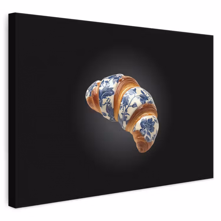 Canvas schilderij - Croissant - Bloemenpatroon - Delftsblauw