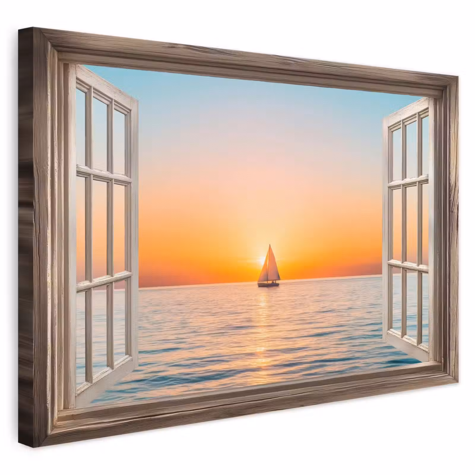Canvas schilderij - Doorkijk - Zee - Boot - Zonsondergang — 1