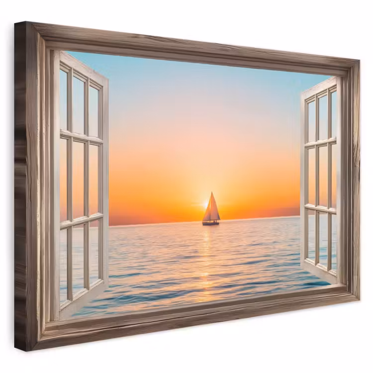 Canvas schilderij - Doorkijk - Zee - Boot - Zonsondergang — 1
