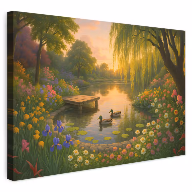 Canvas schilderij - Eenden - Vijver - Bloemen — 1