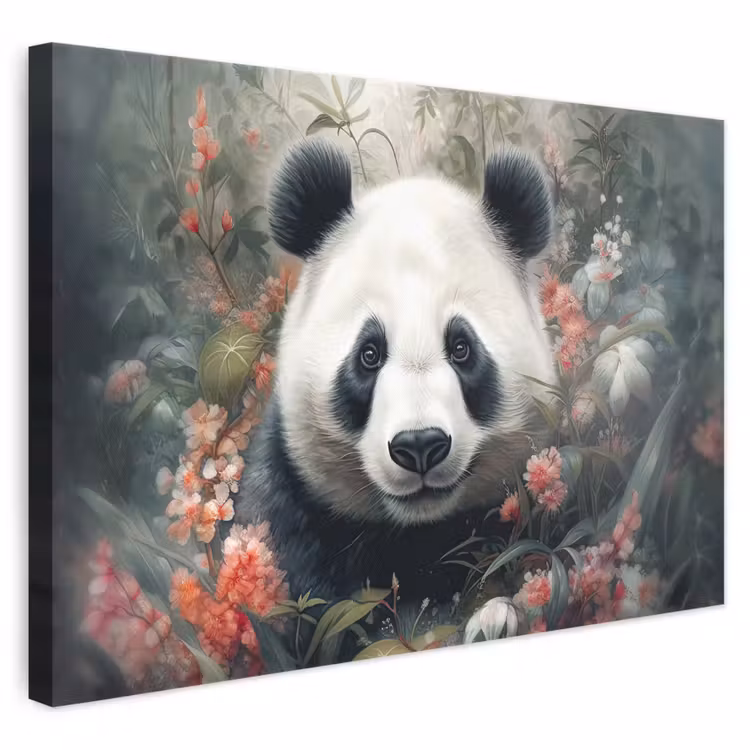 Canvas schilderij - Panda - Wilde dieren - Bloemen - Natuur — 1
