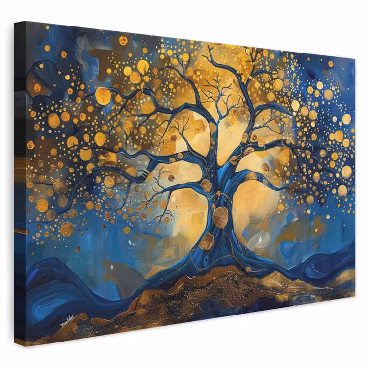 Canvas schilderij - Boom - Levensboom - Blauw - Goud — 1