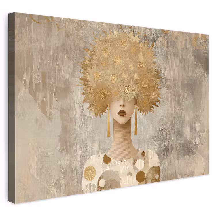 Canvas schilderij - Vrouw met Gouden Zonnebloemen Als Haar