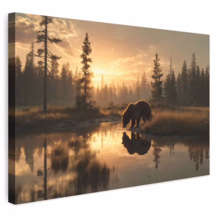 Canvas schilderij - Beer - water - Bos - Ochtendlicht — 1
