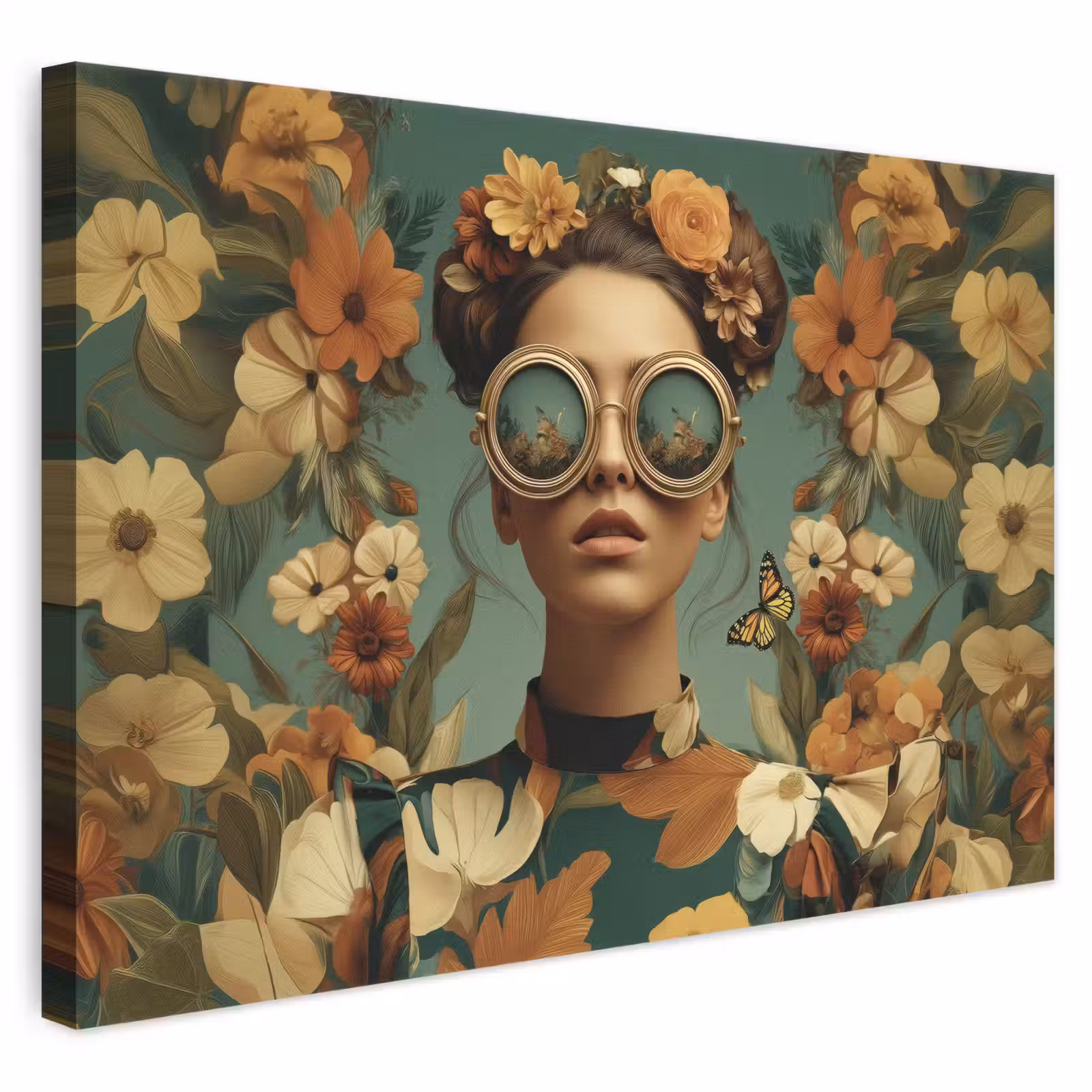 Canvas schilderij - Bloemenkrans - Vrouwengezicht - Zonnebril - Oranje — 1