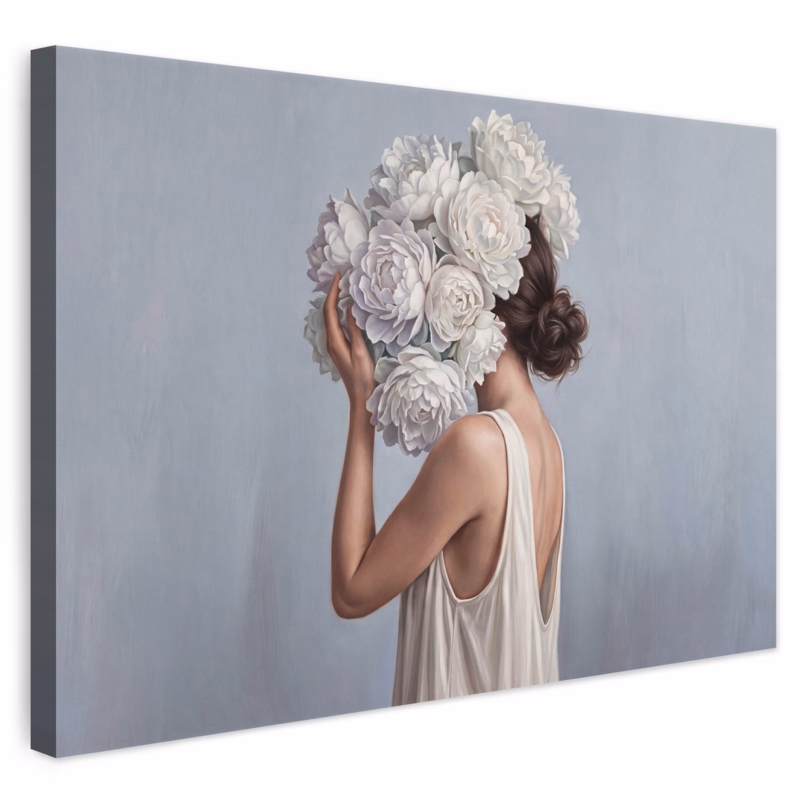 Canvas schilderij - Vrouw met Witte Pioenrozen voor Gezicht — 1