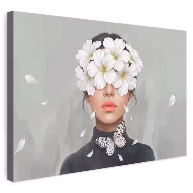 Canvas schilderij - Vrouw met Witte Bloemen Vlinder