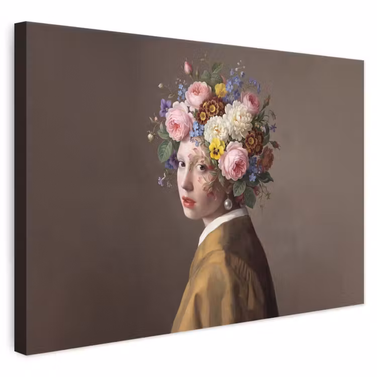 Canvas schilderij - Vermeer Meisje met de Parel Bloemen
