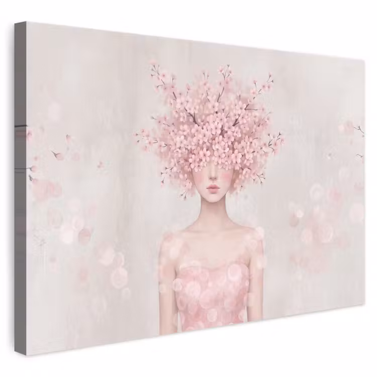 Canvas schilderij - Vrouw met Kersenbloesem Hoofd Roze