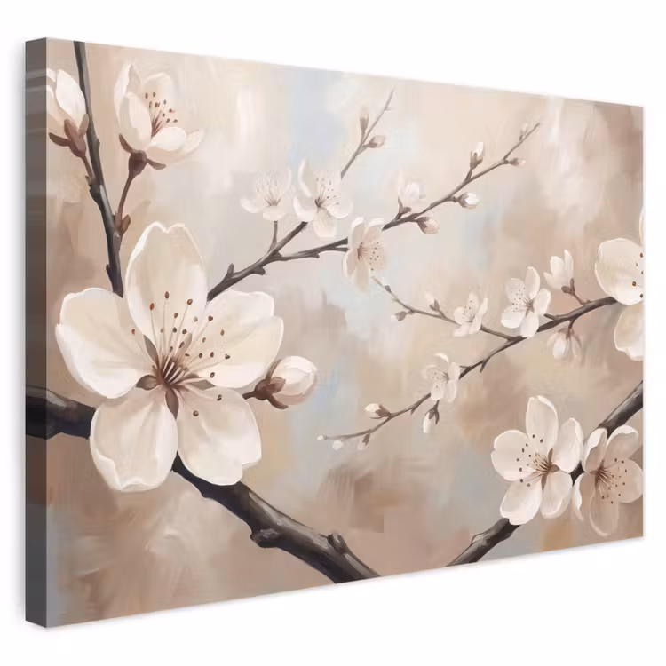 Canvas schilderij - Bloesem - Takken - Schilderij - Beige - Serene