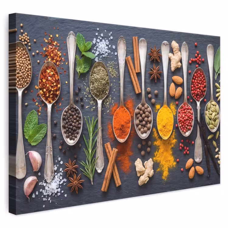 Canvas schilderij - Kruiden - Lepels - Culinair - Kleurrijk - Sfeervol