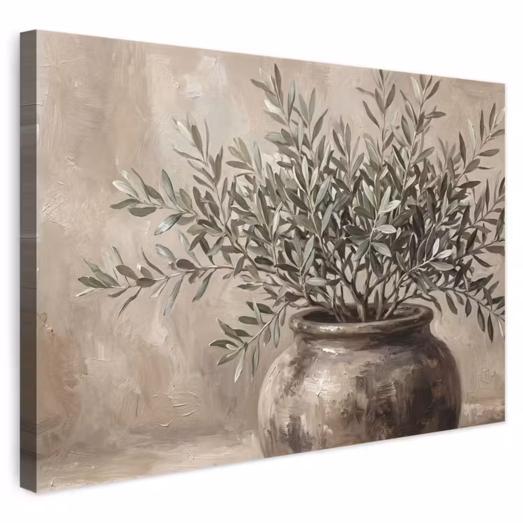 Canvas schilderij - Olijfplant - Aardenpot - Abstract - Beige