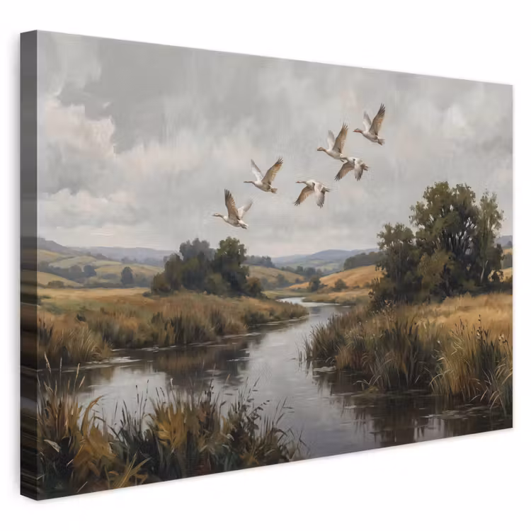 Canvas schilderij - Eenden - Rivier - Landschap - Vlucht - Nostalgisch