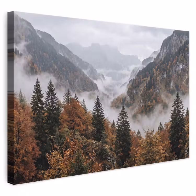Canvas schilderij - Bergen - Vallei - Mist - Herfst - Natuur