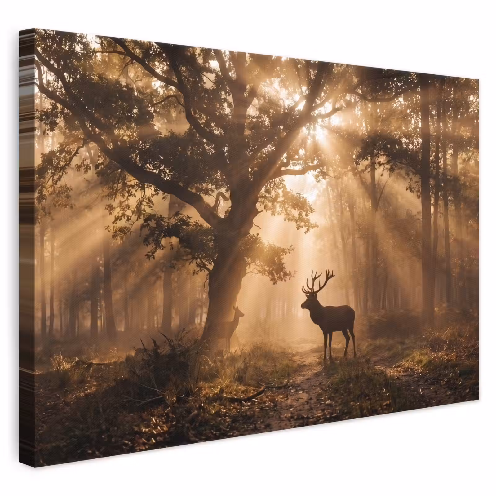 Canvas schilderij - Hert - Bos - Mistig - Natuur - Goud — 1