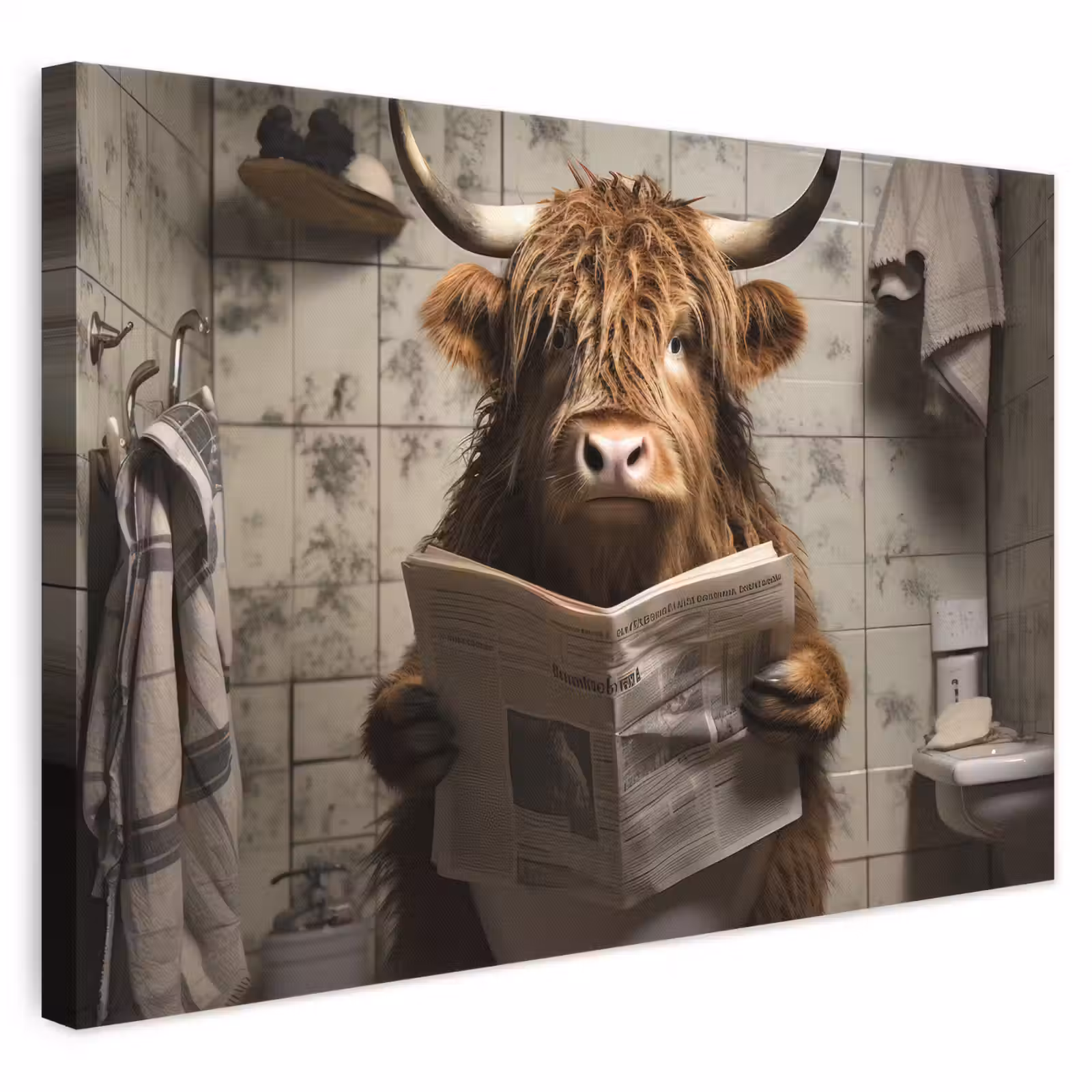 Canvas schilderij - Schotse hooglander - Toilet - Krant - Badkamer — 1
