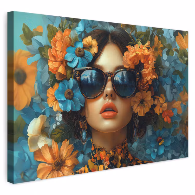 Canvas schilderij - Vrouw - Bloemen - Oranje - Blauw - Modern — 1