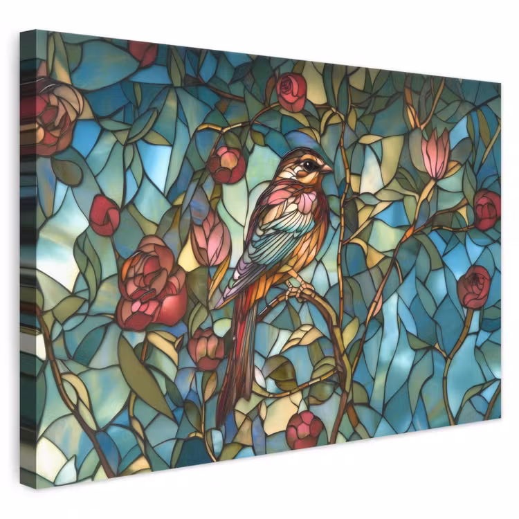 Canvas schilderij - Vogel - Tak - Rozen - Mozaïek — 1