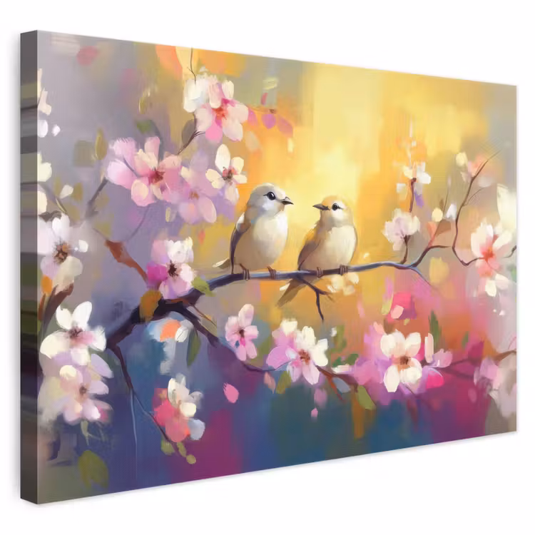 Canvas schilderij - Vogels - Bloemen - Roze — 1