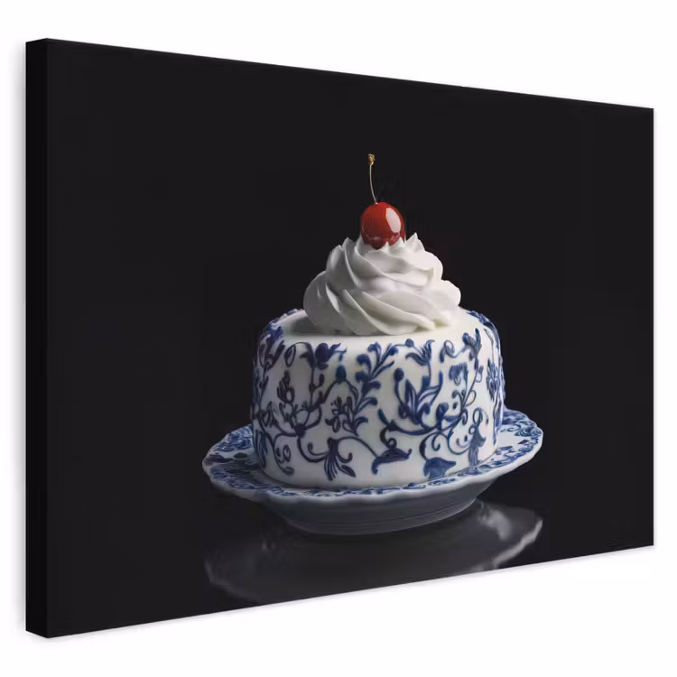 Canvas schilderij - Taart - Slagroom - Kers - Bord - Delfts blauw