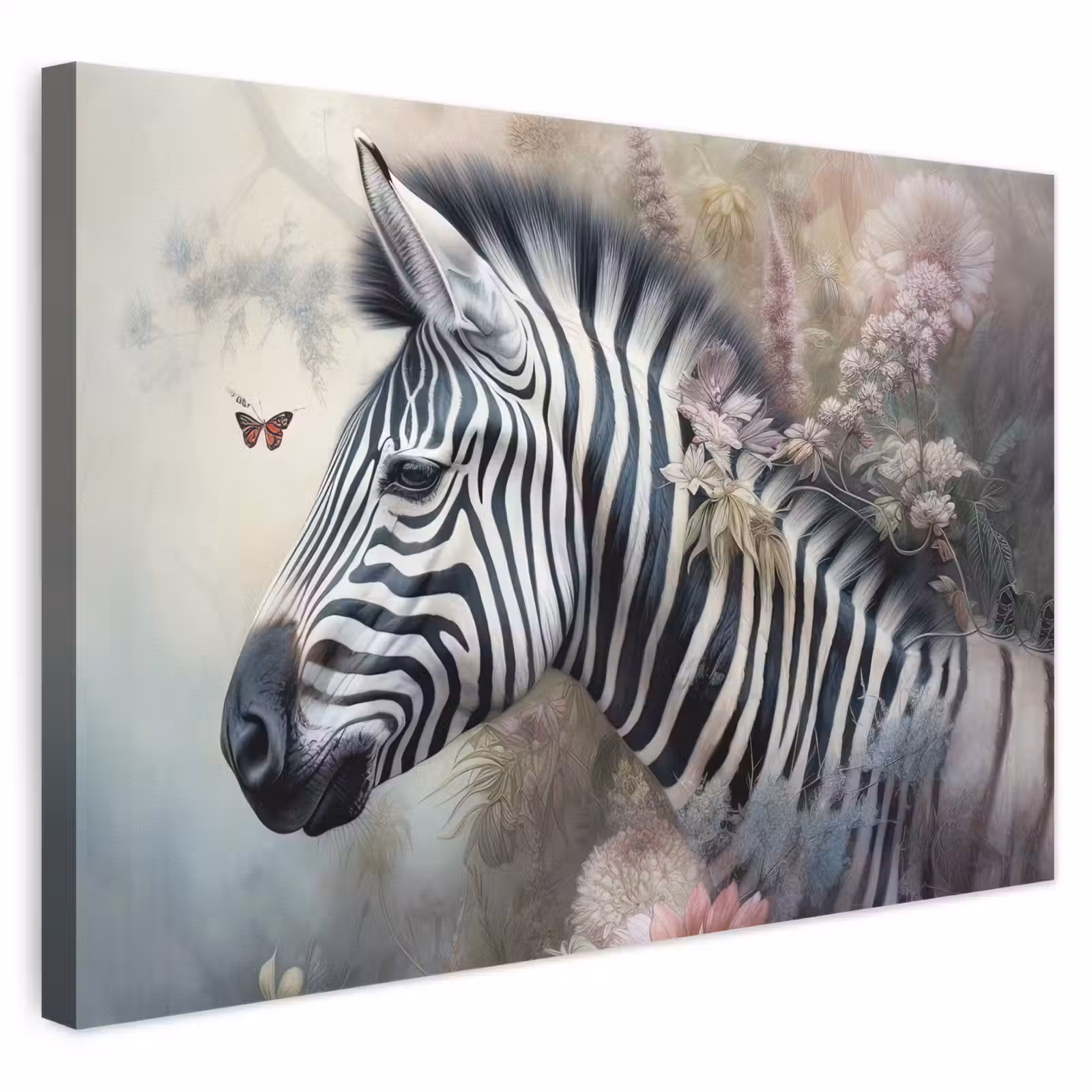 Canvas schilderij - Zebra - Wilde dieren - Vlinder - Bloemen — 1