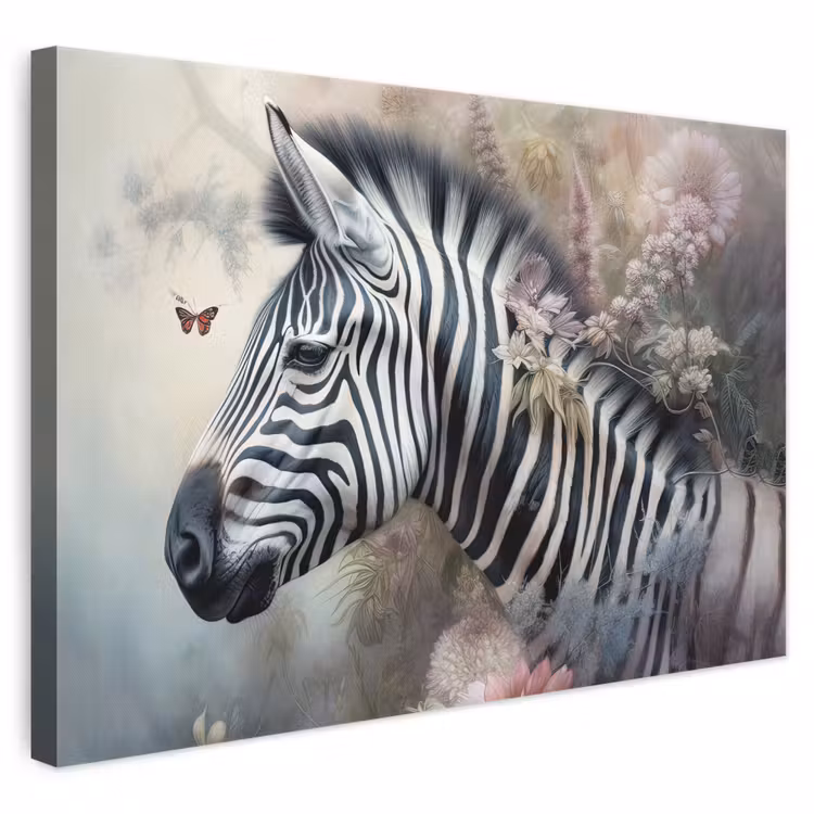 Canvas schilderij - Zebra - Wilde dieren - Vlinder - Bloemen — 1