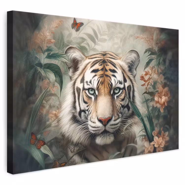 Canvas schilderij - Tijger - Vlinders - Dieren - Jungle - Bloemen — 1
