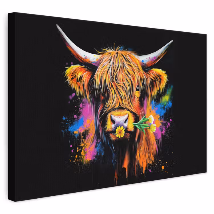 Canvas schilderij - Schotse Hooglander - Graffiti - Kleurrijk - Bloem - Dieren — 1