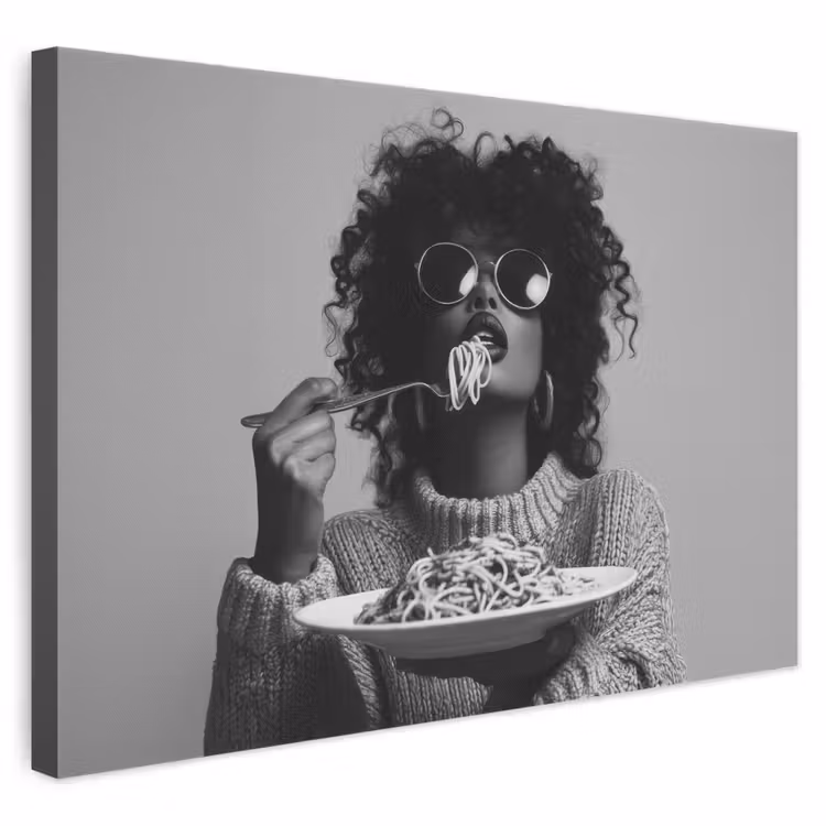 Canvas schilderij - Vrouw - Pasta - Zwart - Wit — 1