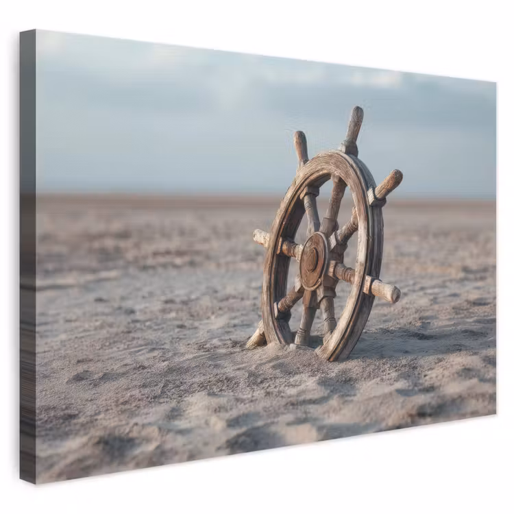 Canvas schilderij - Houten Stuurwiel in Zand